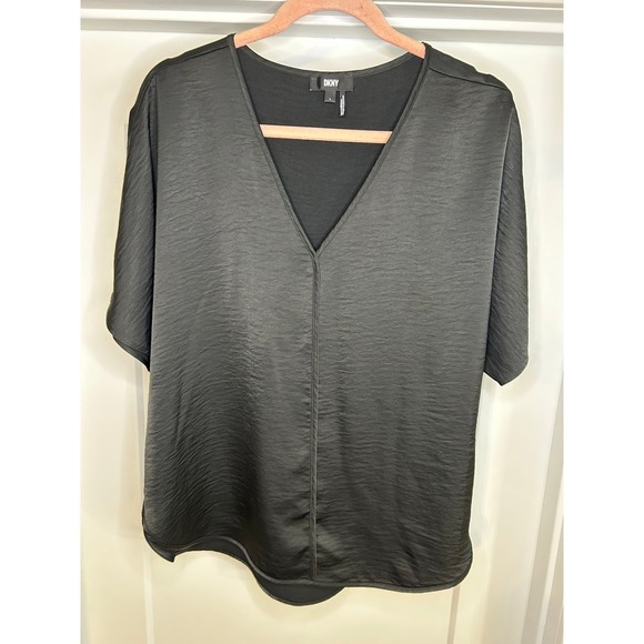 Dkny Tops - DKNY Black Satin V-Neck Blouse Oversized Short‎ Sleeve Top Large Office Capsule